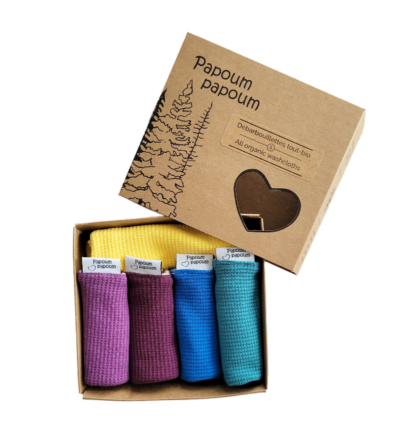 Débarbouillettes tout-bio (Paquet 5 avec boîte - couleurs au hasard)
